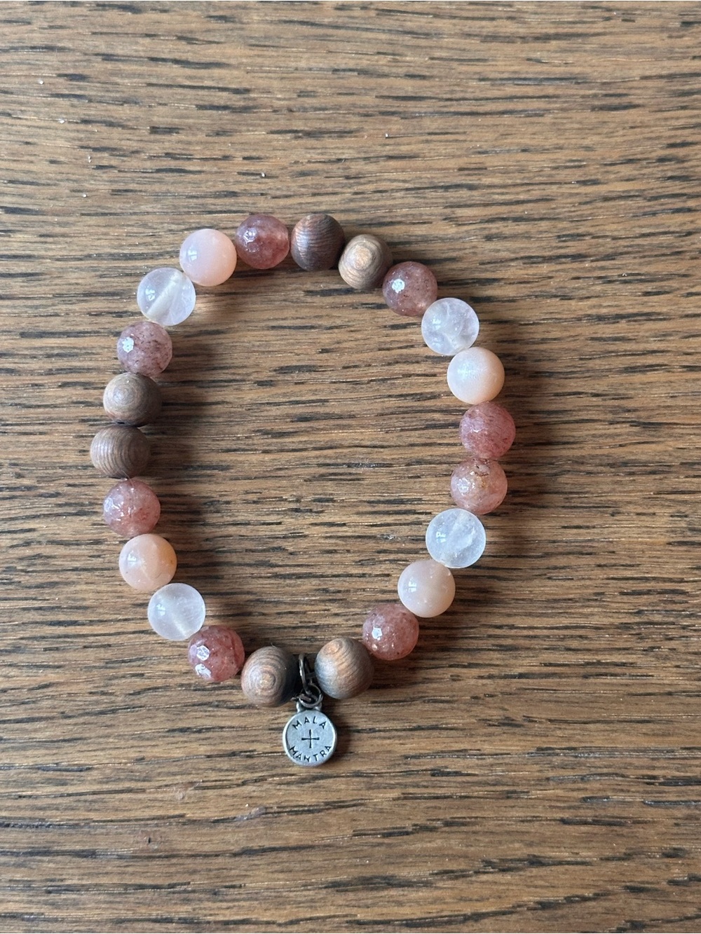 Mala + Mantra Rose Quartz + Rosewood Stretch Bead Bracelet - Pink and Taupe
